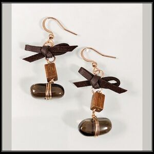 New handmade Leather Bow Wire Wrapped Natural Bead Bohemian Earrings
